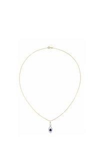 Guld kæde med en sølvanheng i en forlænget marquiseform, der har en blå ædelsten omgivet af små klare sten.