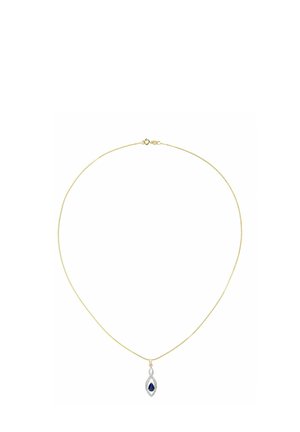 Zelta ķēdes kaklarota ar sudraba kuloni, kas ir iegarena marquise formā, ar zilu dārgakmeni, ko ieskauj mazi caurspīdīgi akmeņi.