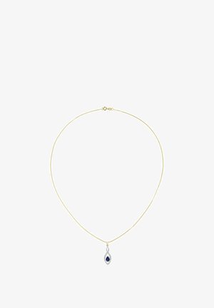 Guld kæde med en sølvanheng i en forlænget marquiseform, der har en blå ædelsten omgivet af små klare sten.