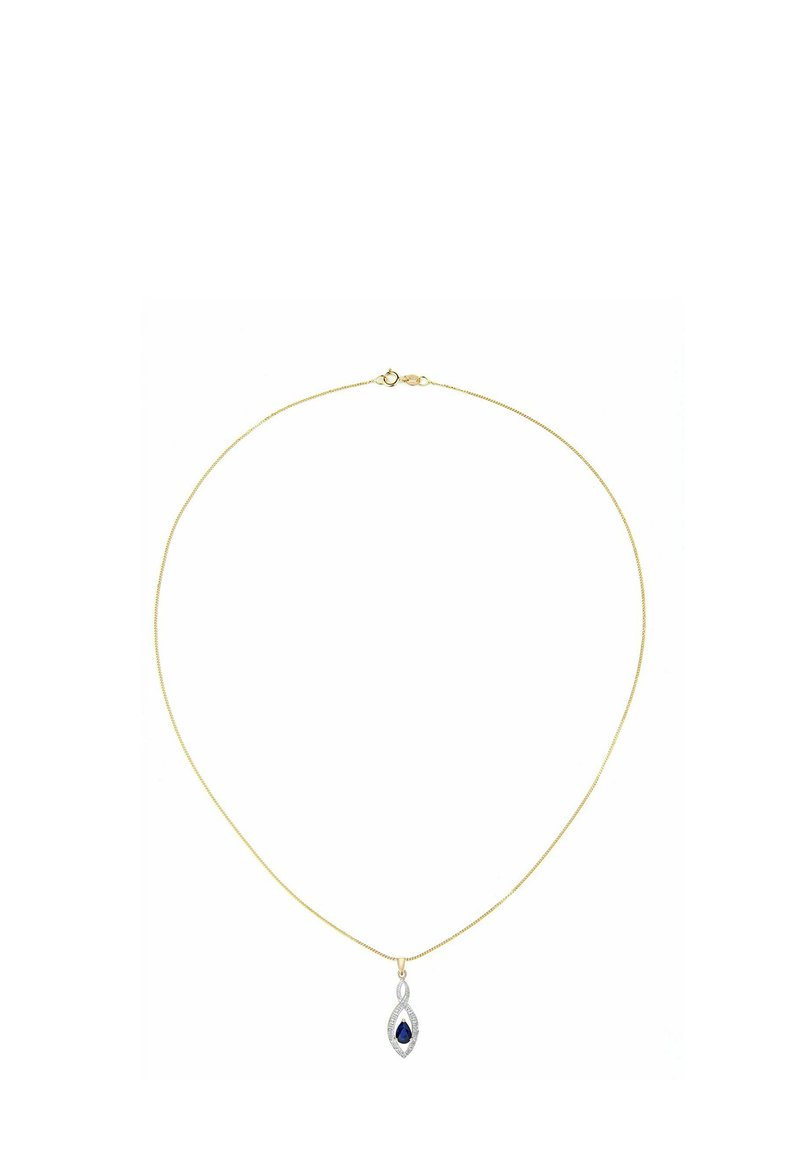 Guld kæde med en sølvanheng i en forlænget marquiseform, der har en blå ædelsten omgivet af små klare sten.