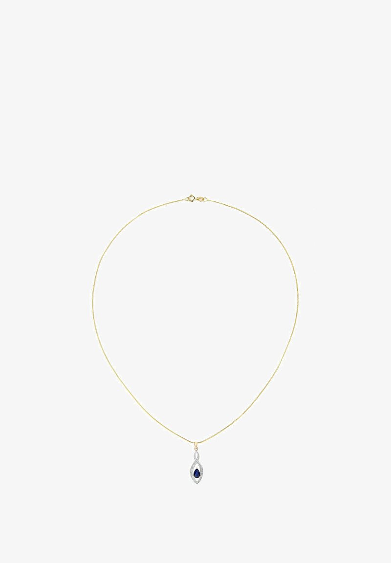 Zlatna ogrlica s lancem i srebrnim privjeskom u izduženom obliku marquise, koji sadrži plavi dragulj okružen malim prozirnim kamenčićima.