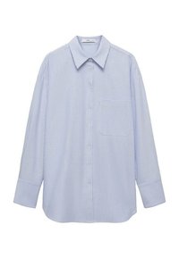 Striped button-up shirt in light blue and white, featuring a relaxed fit, long sleeves, a collar, and a front pocket on the left side.