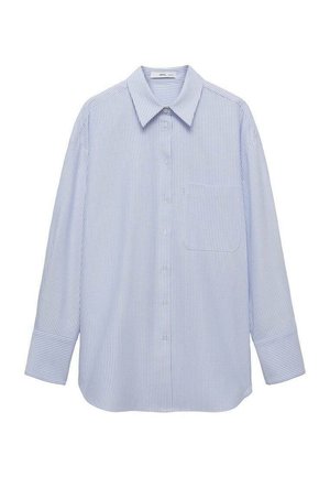 Camicia a maniche lunghe a righe blu chiaro e bianco, con vestibilità comoda, colletto e taschino frontale sul lato sinistro.