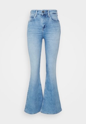Lyseblå, højtaljede denimjeans med vide ben, knaplukning foran og design med fem lommer.