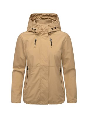 Beige vattentät jacka med justerbar huva, frontdragkedja och två sidofickor. Slät tyg med en ren design och inga synliga mönster.