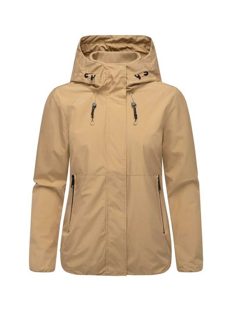Beige vattentät jacka med justerbar huva, frontdragkedja och två sidofickor. Slät tyg med en ren design och inga synliga mönster.