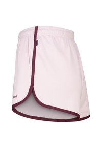 Helle, pinke Sportshorts mit einem bordeauxroten Bund und Besatz. Verfügen über einen abgerundeten Saum und atmungsaktiven Stoff für Komfort.