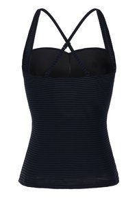 Camiseta sin mangas de canalé azul marino con tirantes en la espalda ajustables, que presenta una textura suave y material elástico para un diseño ceñido.