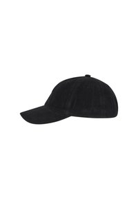 Gorra de béisbol negra hecha de algodón, con visera curva, diseño de seis paneles y un botón en la parte superior. Sin logotipos ni patrones visibles.