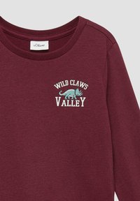 Burgunderfarbener Hoodie mit Rippkragen, versehen mit einem Dinosaurier-Graphics und dem Text "WILD CLAWS VALLEY" in Weiß und Türkis. Weicher Stoff.