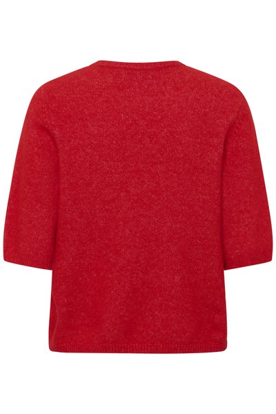 Pull tricot rouge à manches courtes avec un col rond et une coupe légèrement ample, vu de dos.