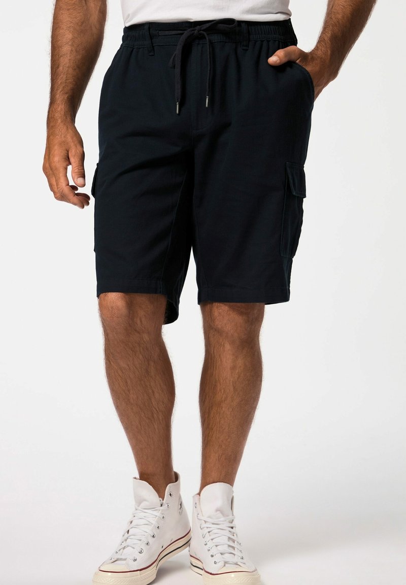 Pantaloni cargo blu navy con vita elasticizzata e cordino, dotati di tasche laterali e vestibilità comoda, realizzati in tessuto leggero.