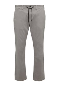 Grijze katoenen broek met een elastische tailleband, verstelbaar trekkoord, zakken aan de voorkant en een enkele knoopsluiting. Rechte pijp.