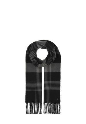 Sciarpa a quadri nera e grigia con estremità frangiate, caratterizzata da una texture morbida e una forma rettangolare. Il design include un mix di pattern a scacchi.