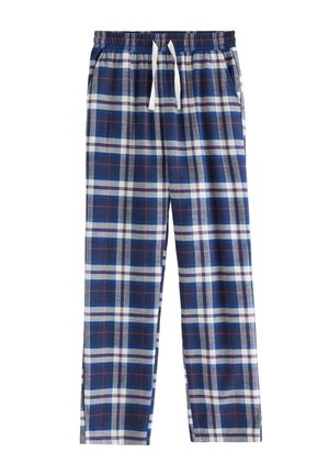 Blaue, weiße und rote karierte Pyjamahose mit elastischem Bund und weißem Kordelzug, flach auf weißem Hintergrund präsentiert.