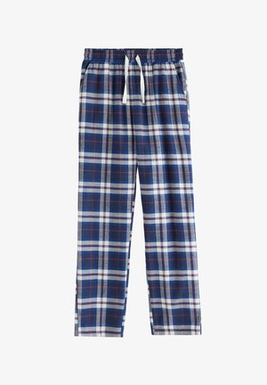 Pantalon de pyjama à carreaux bleu, blanc et rouge avec une taille élastique et un cordon blanc, présenté à plat sur un fond blanc.