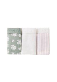 Drie paren sokken: groen met bloemmotief, effen wit en roze gestreept. Gemaakt van zachte stof met elastische boorden.