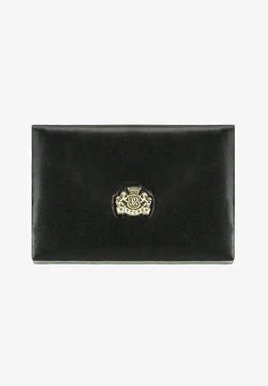 Portafogli in pelle nera con una superficie liscia e un emblema dorato che presenta una corona e il testo "Wittchen" al centro. Forma rettangolare piatta.