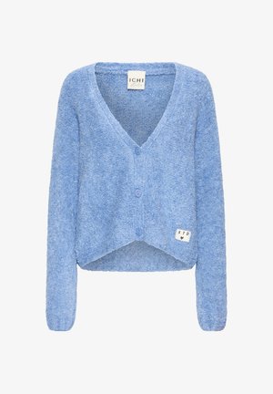 Cardigan cropped di peluche azzurro chiaro con maniche lunghe, scollatura a V profonda, tre bottoni e un piccolo pannello bianco etichettato "STD" vicino all'orlo.