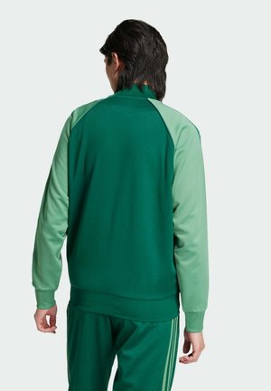 Hombre vistiendo una chaqueta deportiva de manga larga verde y verde claro, y pantalones verdes, de pie de espaldas frente a un fondo liso.
