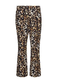 Leopardmuster-Weitbeinhosen in Brauntönen und Schwarz auf einem cremefarbenen Hintergrund, aus einem weichen, dehnbaren Stoff mit einem elastischen Bund.