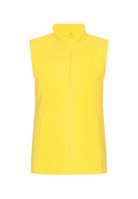 Gelbe ärmellose Fleece-Weste mit hohem Kragen und einem Frontreißverschluss. Glatte Textur, keine zusätzlichen Muster oder Details.