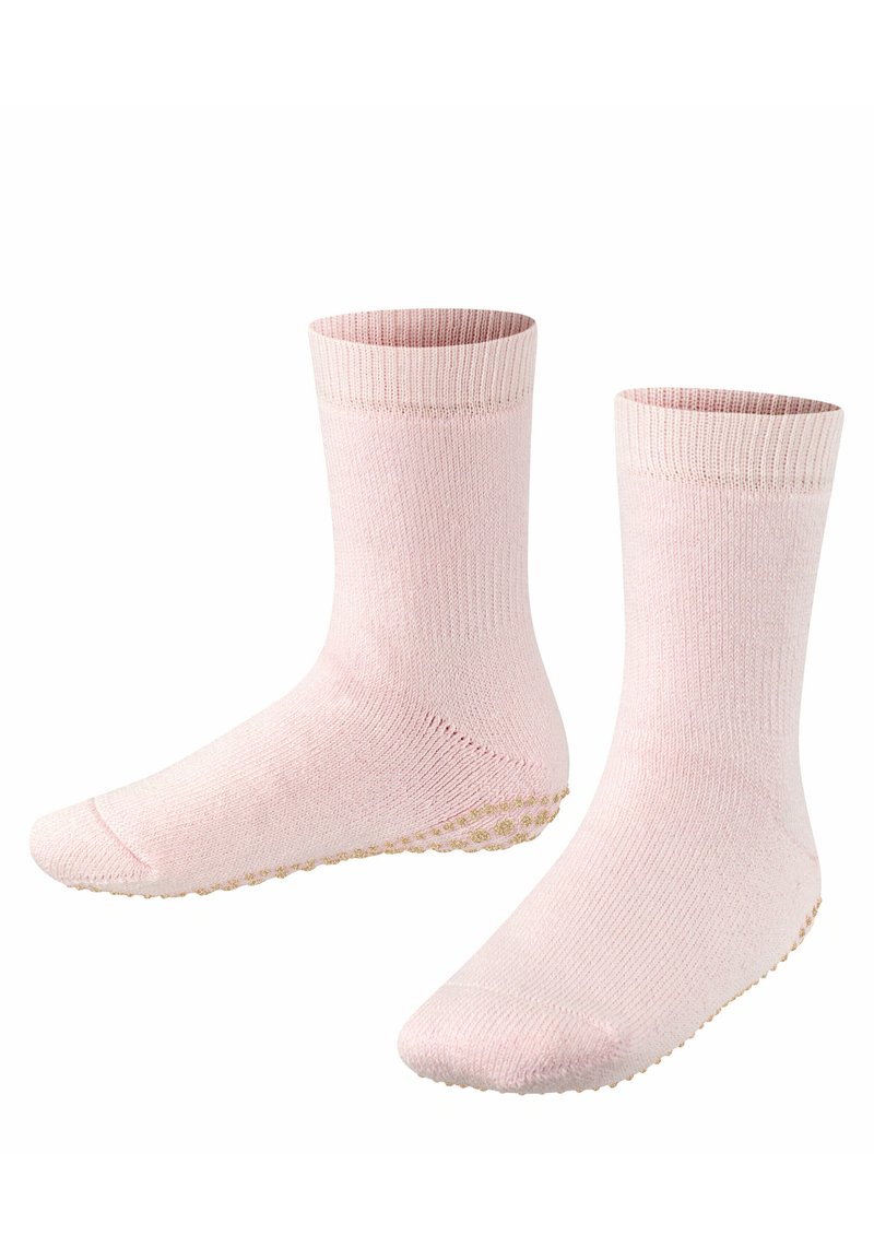 Calzini rosa chiaro con risvolto a costina, realizzati in un tessuto testurizzato, con fondo punteggiato e antiscivolo per una migliore aderenza.