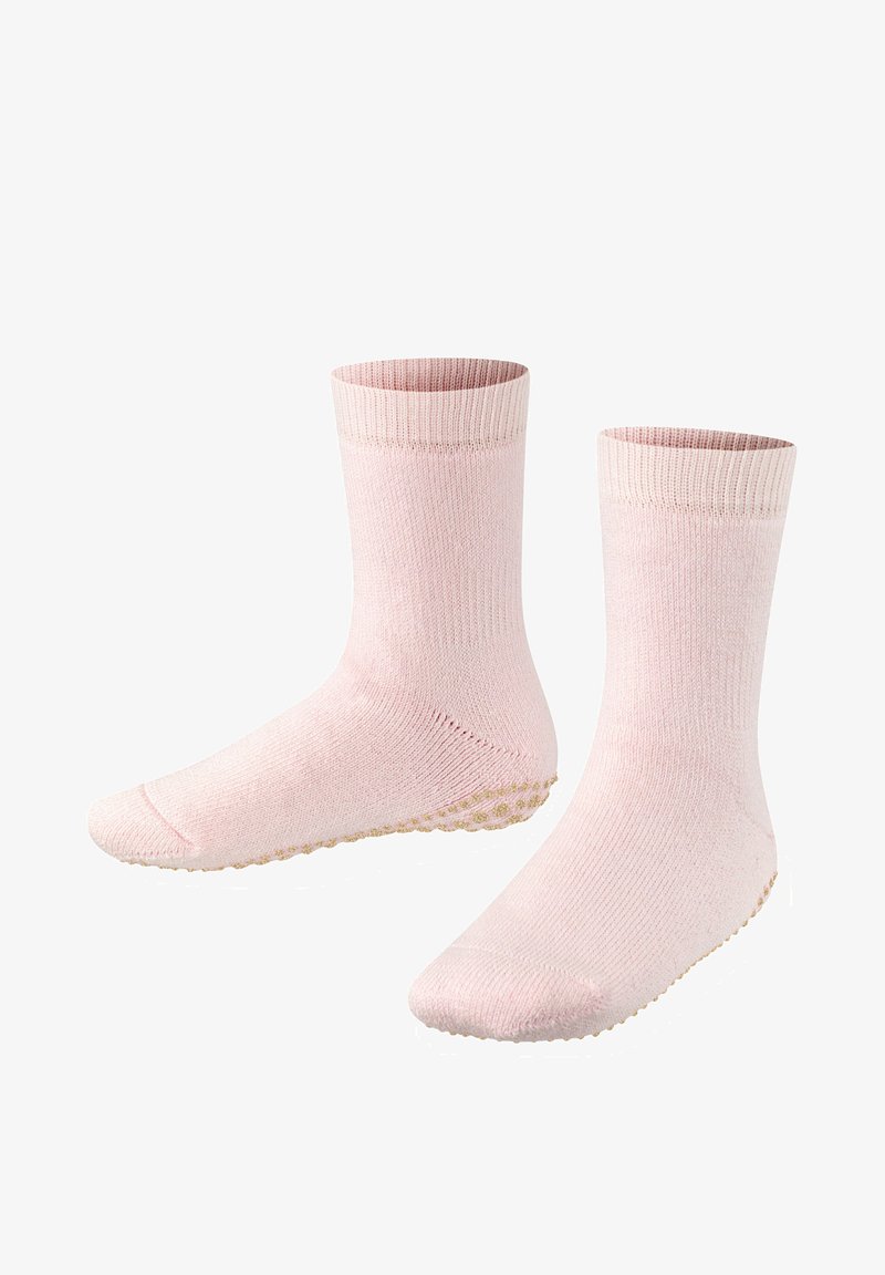 Calzini rosa chiaro con risvolto a costina, realizzati in un tessuto testurizzato, con fondo punteggiato e antiscivolo per una migliore aderenza.