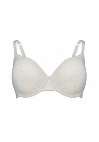 Svetlosivá vystužená podprsenka s nastaviteľnými ramienkami a kostícami, navrhnutá pre podporu a pohodlie.