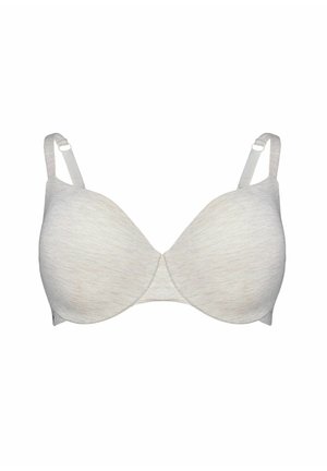 Jasnoszary biustonosz z wyściełanym materiałem, regulowanymi ramiączkami i fiszbinami, zaprojektowany dla wsparcia i wygody.