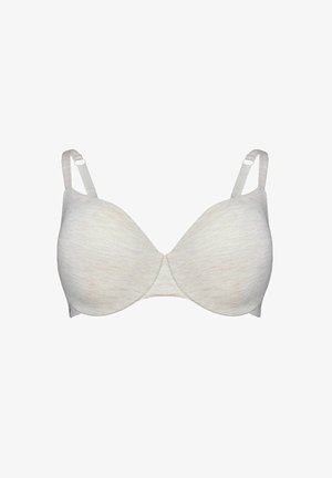 Jasnoszary biustonosz z wyściełanym materiałem, regulowanymi ramiączkami i fiszbinami, zaprojektowany dla wsparcia i wygody.