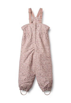 Floral-print overall in soft pink tones, featuring adjustable straps, a front zip, and elastic cuffs with loops at the ankles.