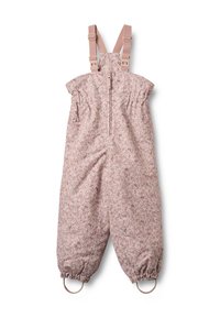 Blommig overall i mjuka rosa toner, med justerbara remmar, dragkedja framtill och elastiska muddar med öglor vid anklarna.