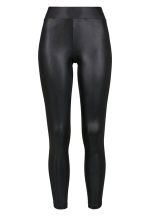 Leggings noirs avec une finition brillante, taille haute et design sans couture. Le tissu semble lisse et moulant.