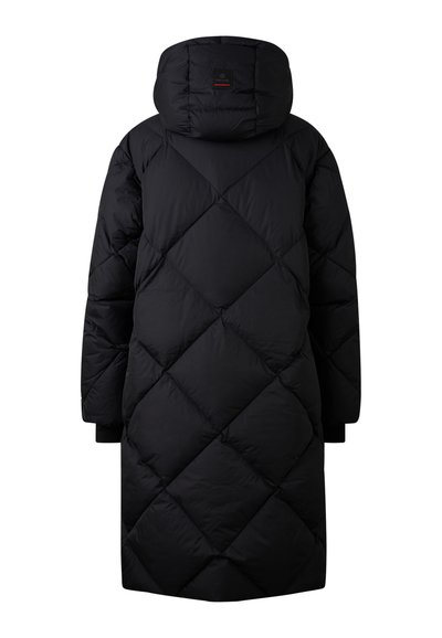 Zwarte doorgestikte pufferjas met capuchon, diamantvormige stiknaden en een effen textuur. Voorzien van een logolabel aan de achterkant.