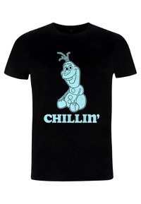 Sort bomulds T-shirt med et blåt grafisk motiv af en tegneseriefigur med teksten "CHILLIN'" nedenfor i et legende skrifttype.