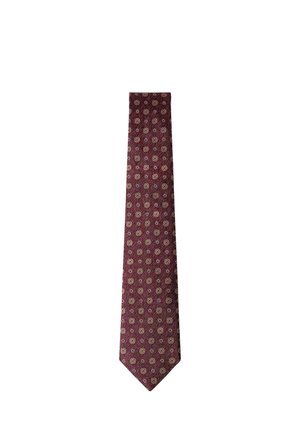 Corbata burdeos con un patrón repetido de pequeños motivos florales circulares en beige y dorado sobre una tela texturizada.