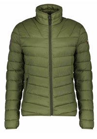 Giacca imbottita verde con colletto alto, caratterizzata da cuciture orizzontali, chiusura con zip frontale e due tasche laterali con zip.