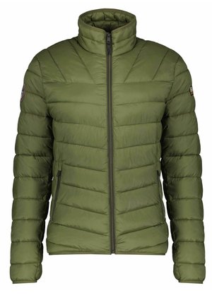 Giacca imbottita verde con colletto alto, caratterizzata da cuciture orizzontali, chiusura con zip frontale e due tasche laterali con zip.
