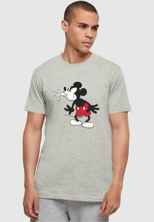 Gray short-sleeve t-shirt featuring a graphic of a cartoon character in red shorts. Cotton fabric with a round neckline and relaxed fit.