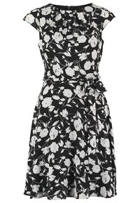 Svart klänning med vitt blommönster, korta ärmar, samlad halsringning och bälte i midjan. Flödig kjol med knä-lång fåll.