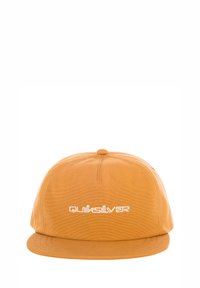 Oranges Baseballcap aus Stoff mit flachem Schirm, ausgestattet mit weißem "QUIKSILVER"-Logo auf der Vorderseite. Einfaches Design mit gesteppten Akzenten.