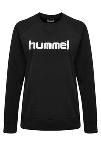 Sweat-shirt noir en mélange de coton et polyester, présentant un col rond côtelé et des manches longues, avec le logo "hummel" en texte blanc en gras sur le devant.