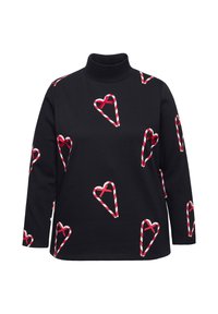 Felpa nera a collo alto con un motivo ripetuto di cuori a strisce rosse e bianche con fiocchi. Tessuto morbido, maniche lunghe, vestibilità comoda.