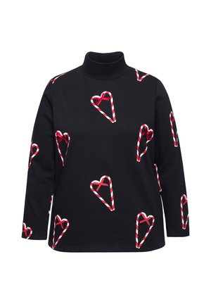 Black turtleneck sweatshirt featuring a repeating pattern of red and white striped hearts with bows. Soft fabric, long sleeves, relaxed fit.