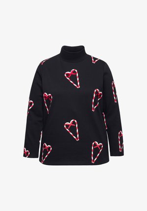 Sweatshirt noir à col roulé avec un motif répétitif de cœurs rayés rouges et blancs ornés de nœuds. Tissu doux, manches longues, coupe décontractée.