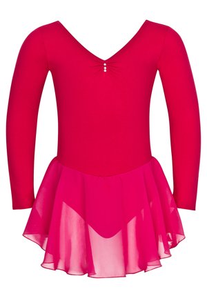 Long-sleeved leotard in bright pink with a V-neck, adorned with three small, clear buttons at the chest, featuring a sheer skirt.