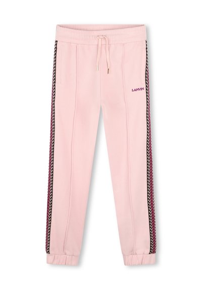 Pantalons de jogging roses en tissu doux, avec une bande latérale en zigzag noir et rose et une taille à cordon. Logo "LANVIN" à l'avant.