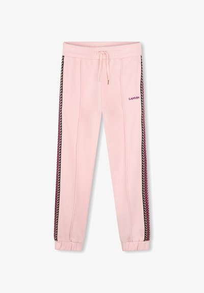 Pantalons de jogging roses en tissu doux, avec une bande latérale en zigzag noir et rose et une taille à cordon. Logo "LANVIN" à l'avant.