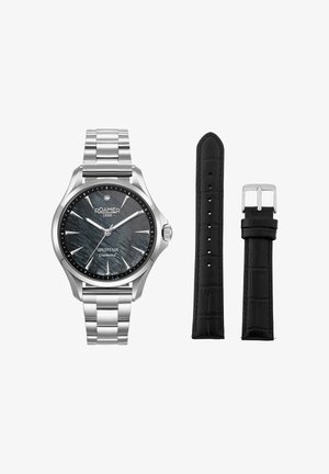 Montre Roamer Sportiva avec cadran texturé noir et diamant, bracelet en acier inoxydable, plus deux bracelets interchangeables en cuir noir.